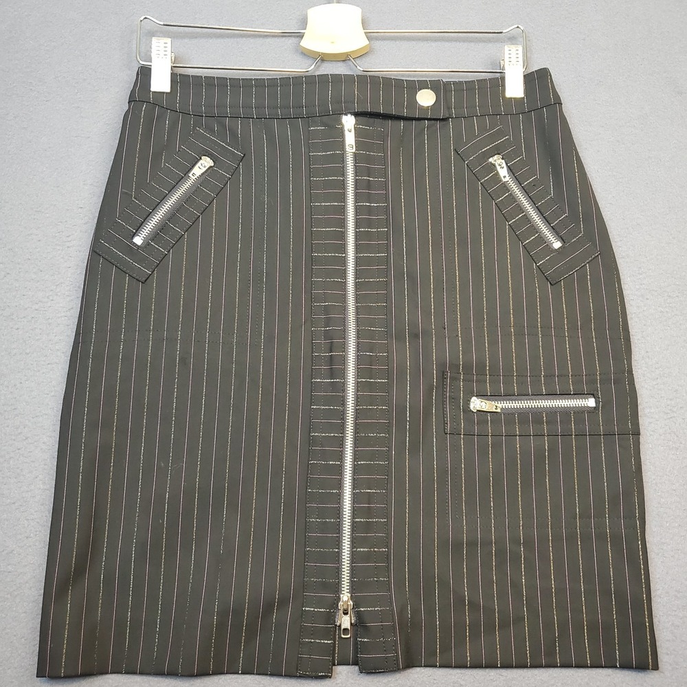 BEBE Y2K Black Pink Pinstripe Pencil Skirt Exposed Zippers‎ Women's Size 6